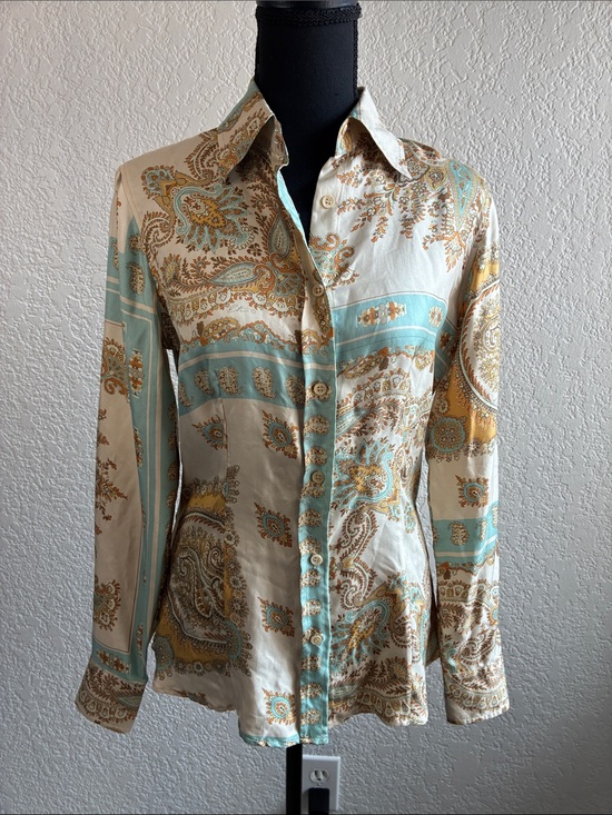 Etro Tops - Etro Silk Paisley Patchwork Button Down Long Sleeve Blouse Gold Vintage S